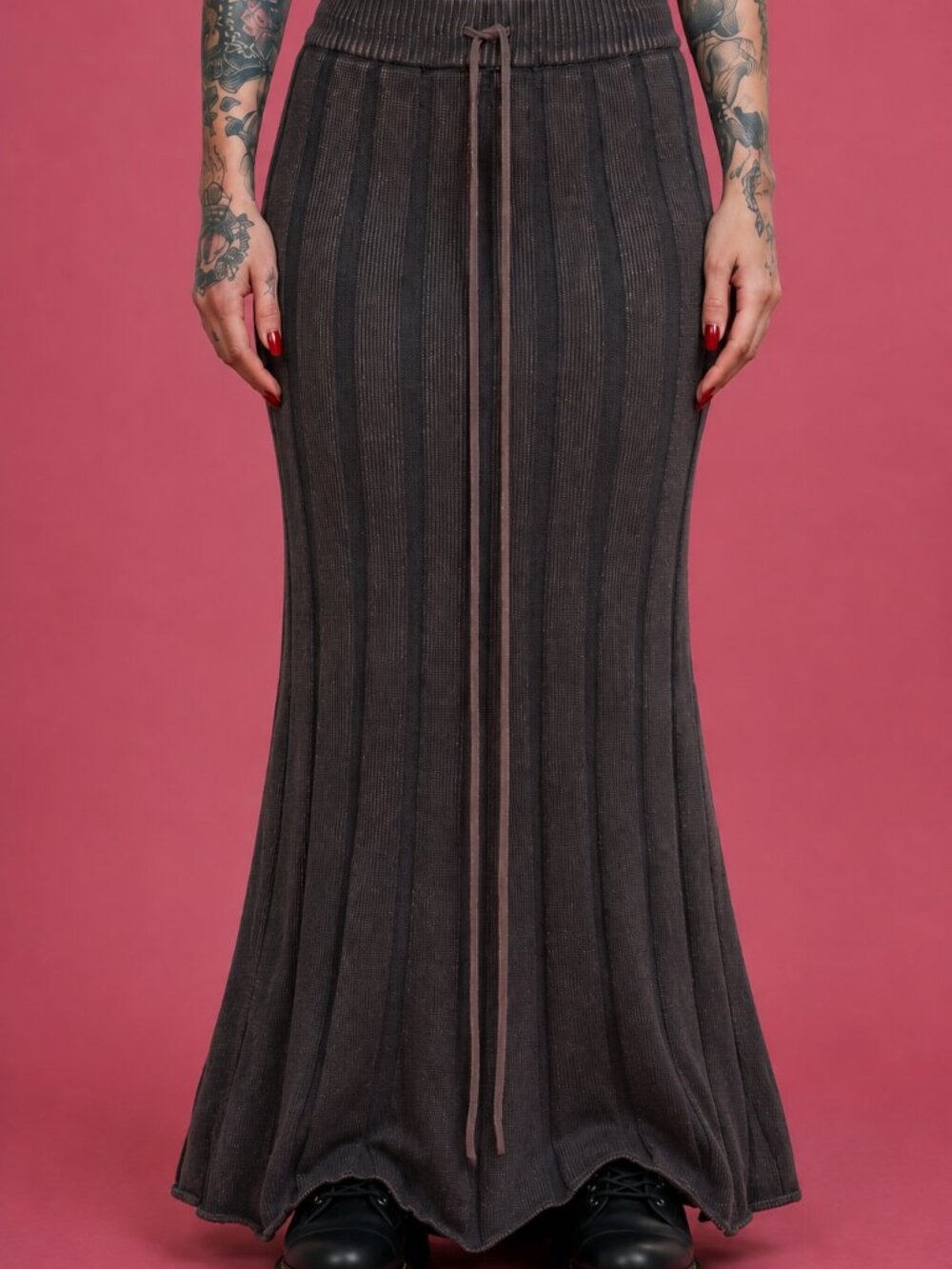Ribbed Drawstring Washed Maxi Waffle Knit Skirt - Picture 3 of 4